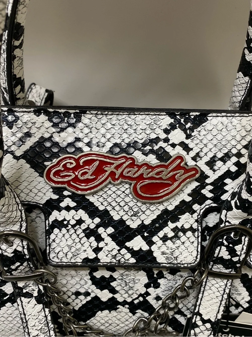 Ed Hardy Black & White Snake-Print Satchel with Charm Chain